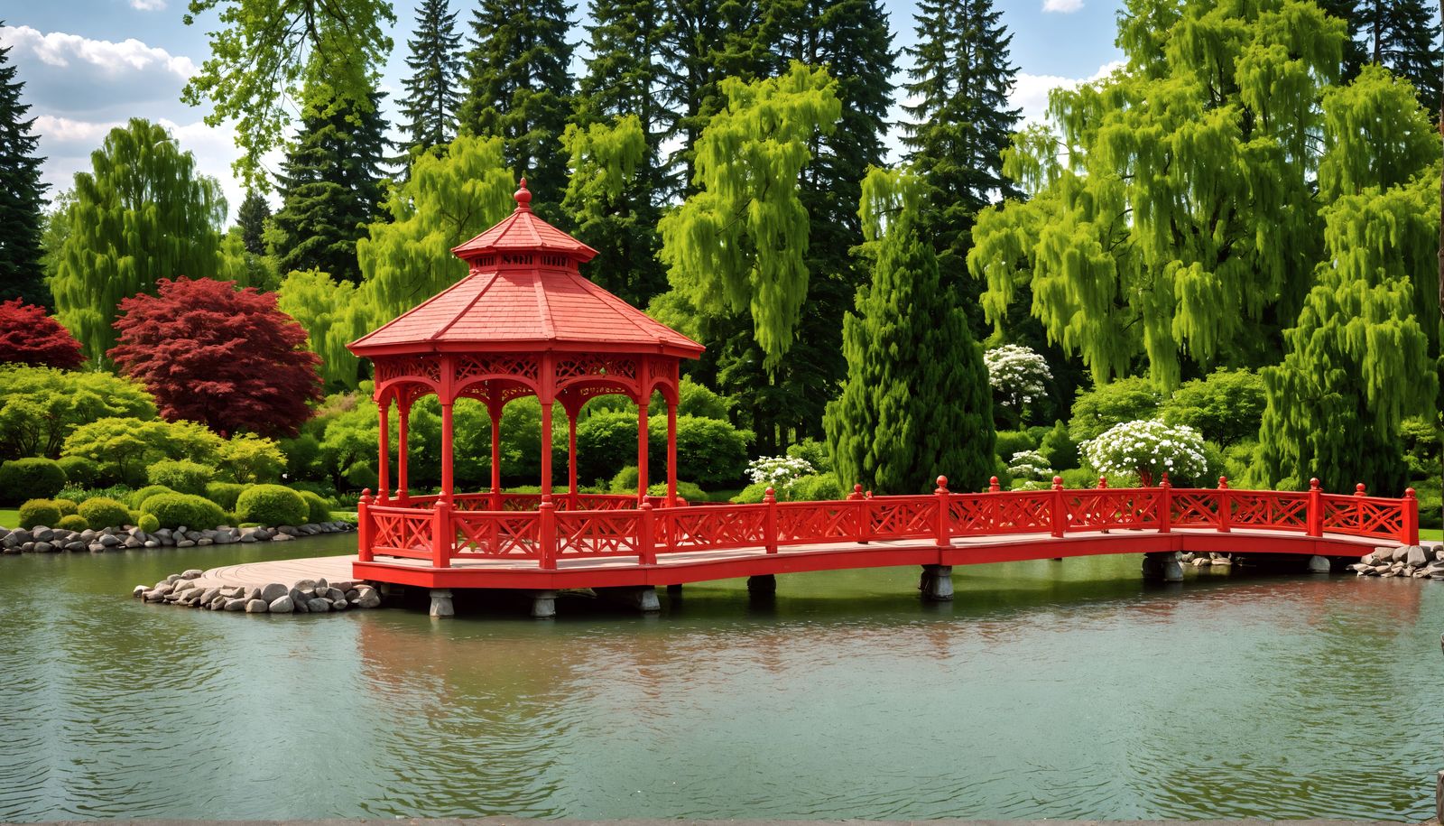 Hyperrealistic Red Gazebo in Lakeside Garden