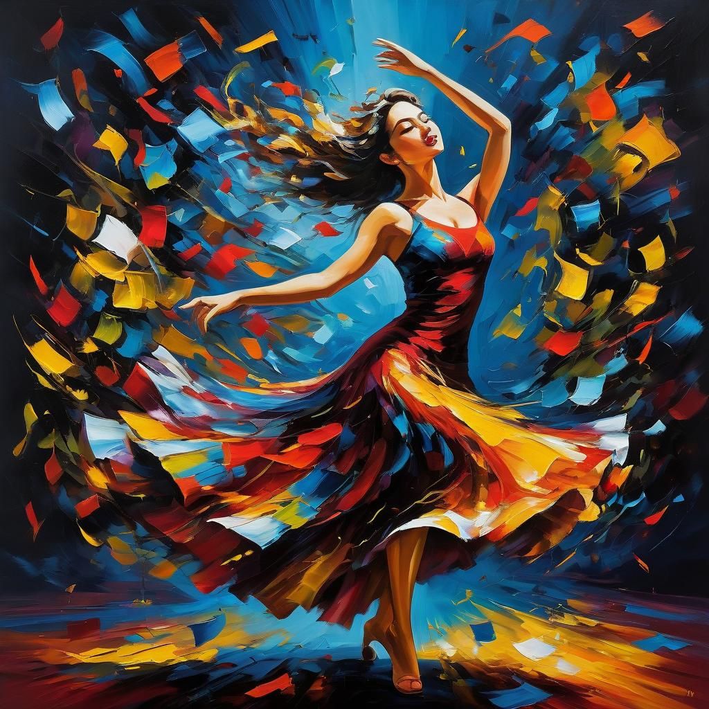 Dancing Girl Made of Notes in Oil Painting Style