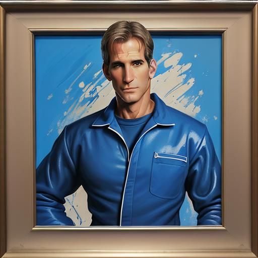 Framed impasto painting of Captain Archer, thick brush strok...