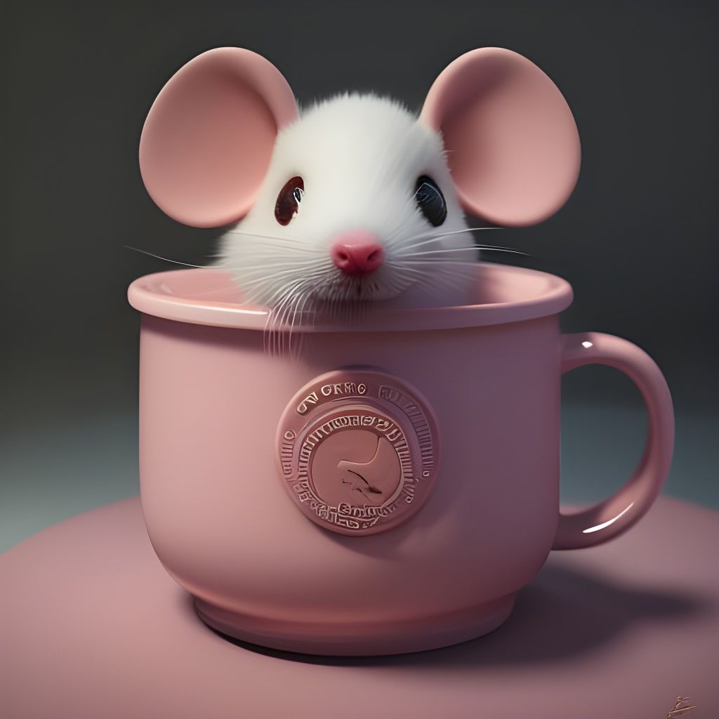Fluffy Mouse in Pink Mug, Detailed Digital Art