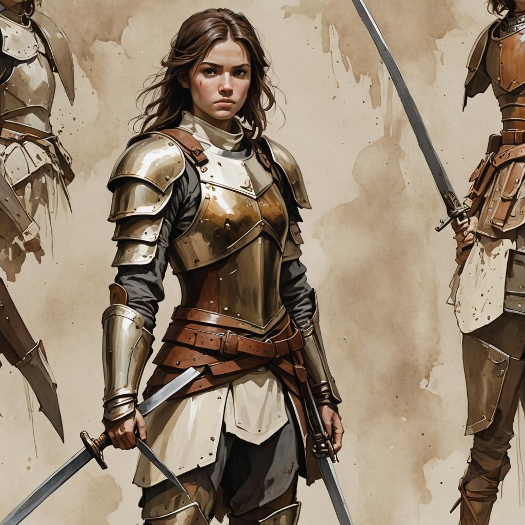 Young Woman Warrior in Cream and Brown Armor