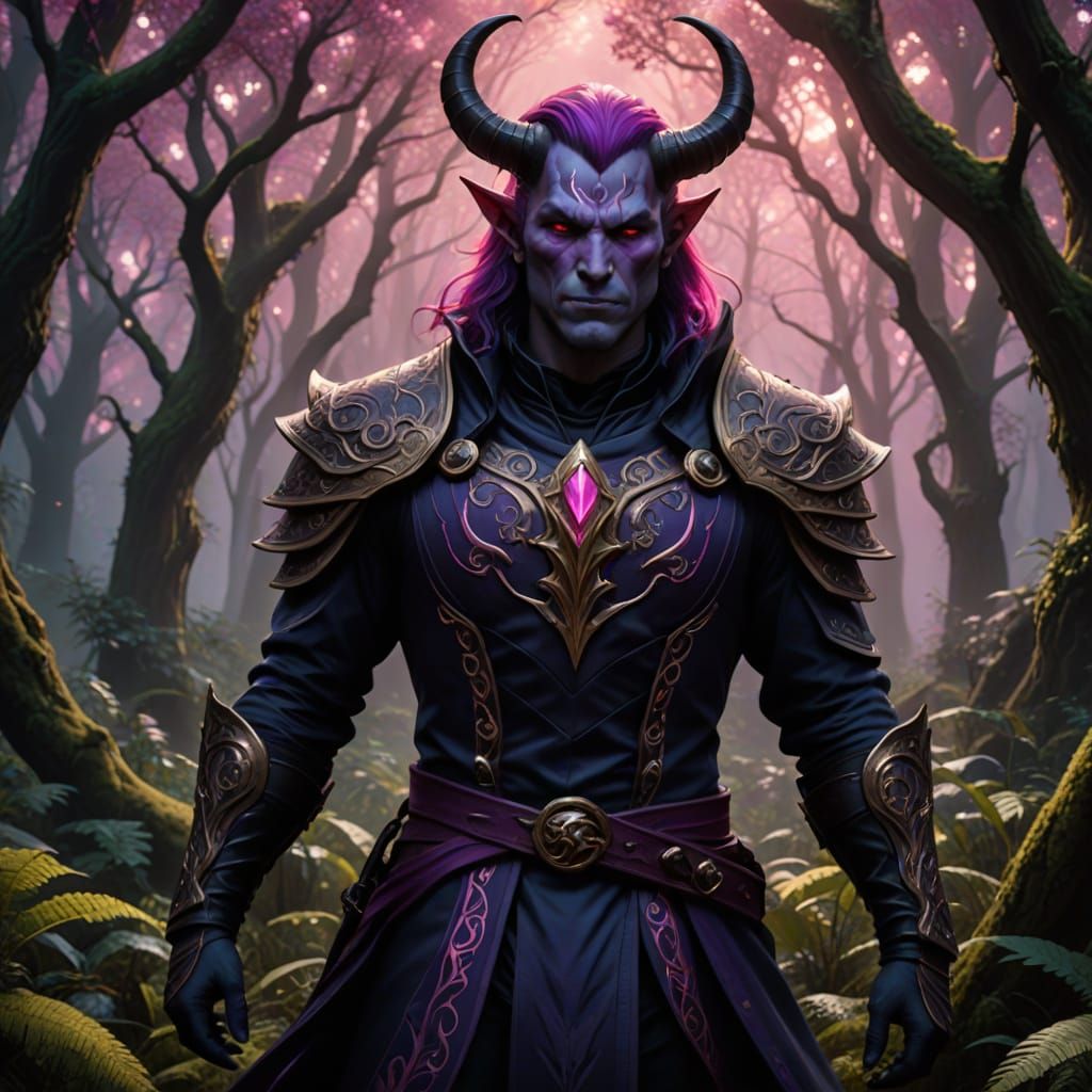 Fantasy Tiefling Warlock in Ancient Forest