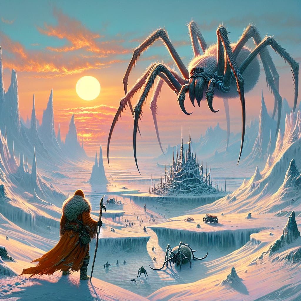 Nomad and Titanic Spider in Winter Landscape