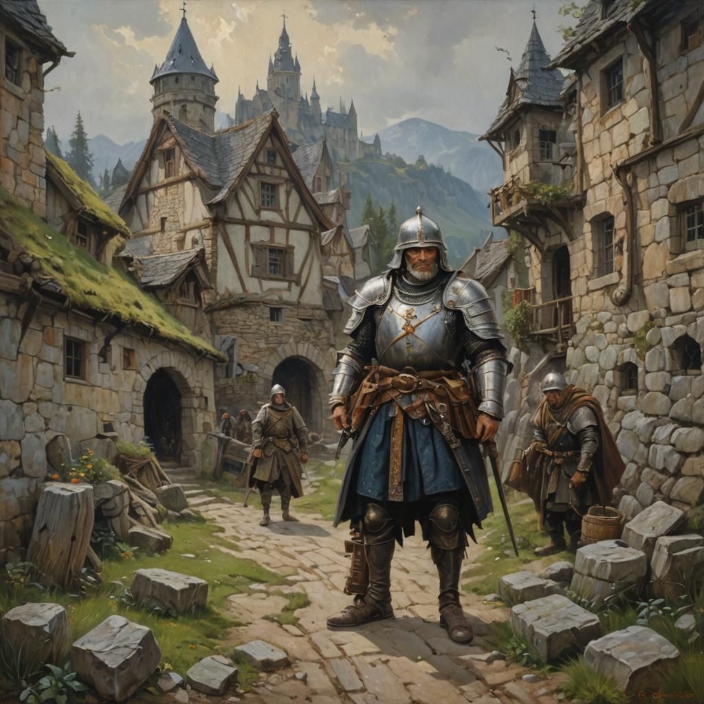Two Halberd Guards in Oil Painting Style