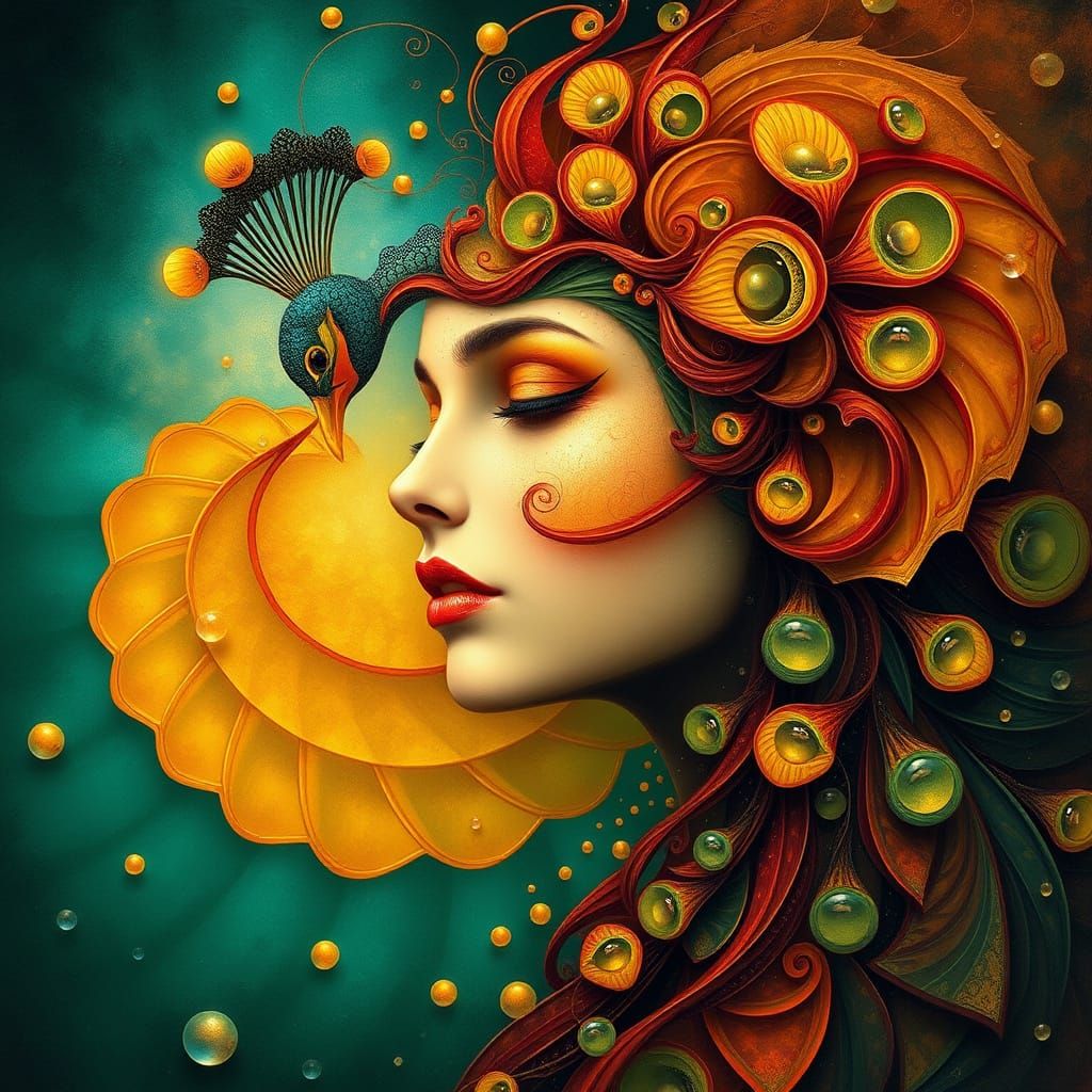 Surreal Woman with Abstract Peacock Elements