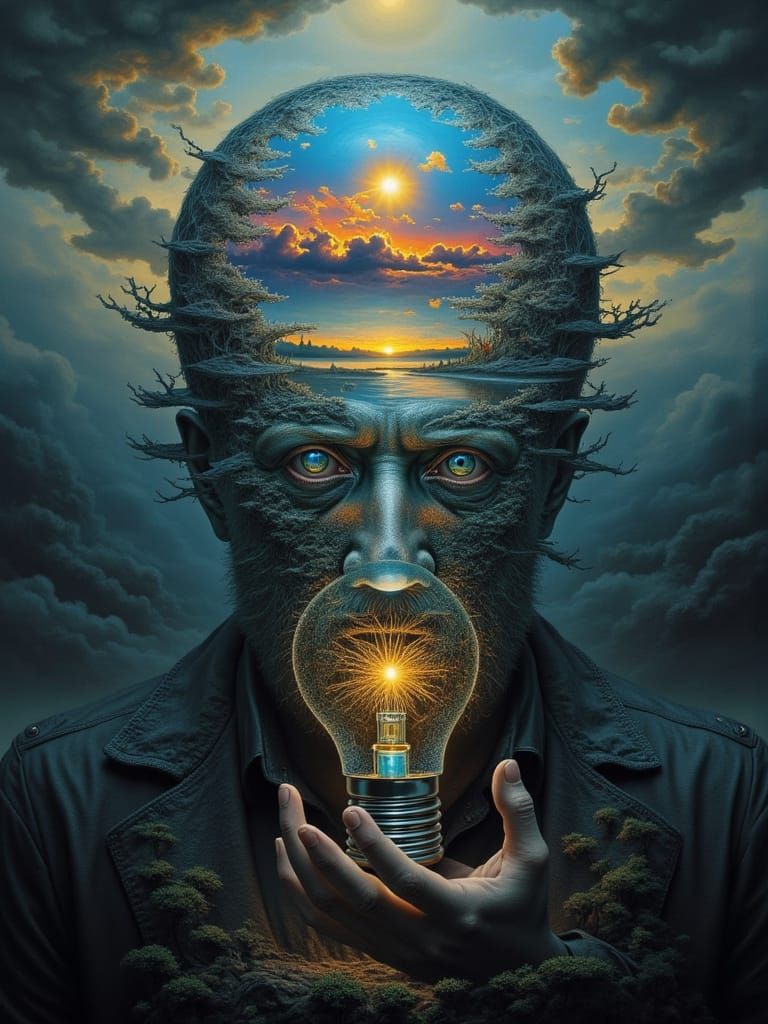 Man Holds Lightbulb With Garden World Inside