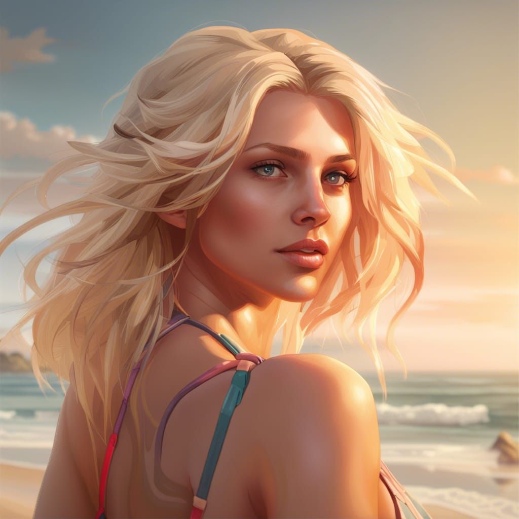 Blonde Girl Portrait at the Beach, Hyperdetailed Digital Art