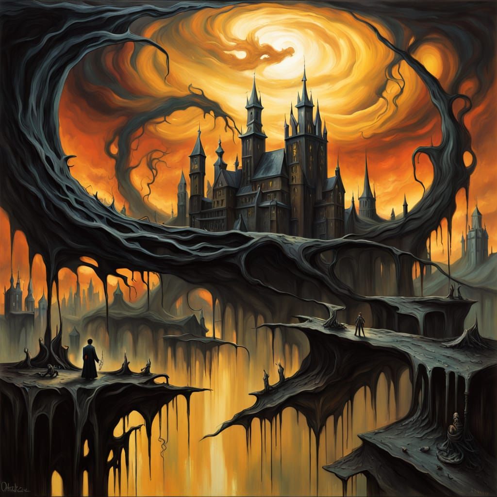 Surreal Gothic Nightmare in Dark, Dreamlike Cityscape