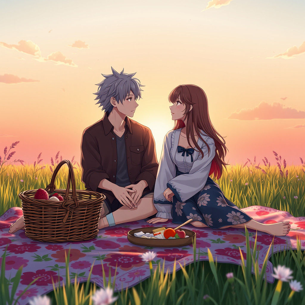 Romantic Picnic at Sunset in Anime Style