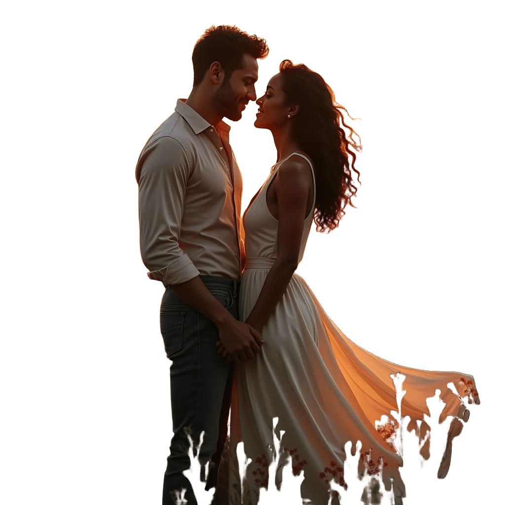 Loving Couple in Meadow at Sunset: Photorealistic Image