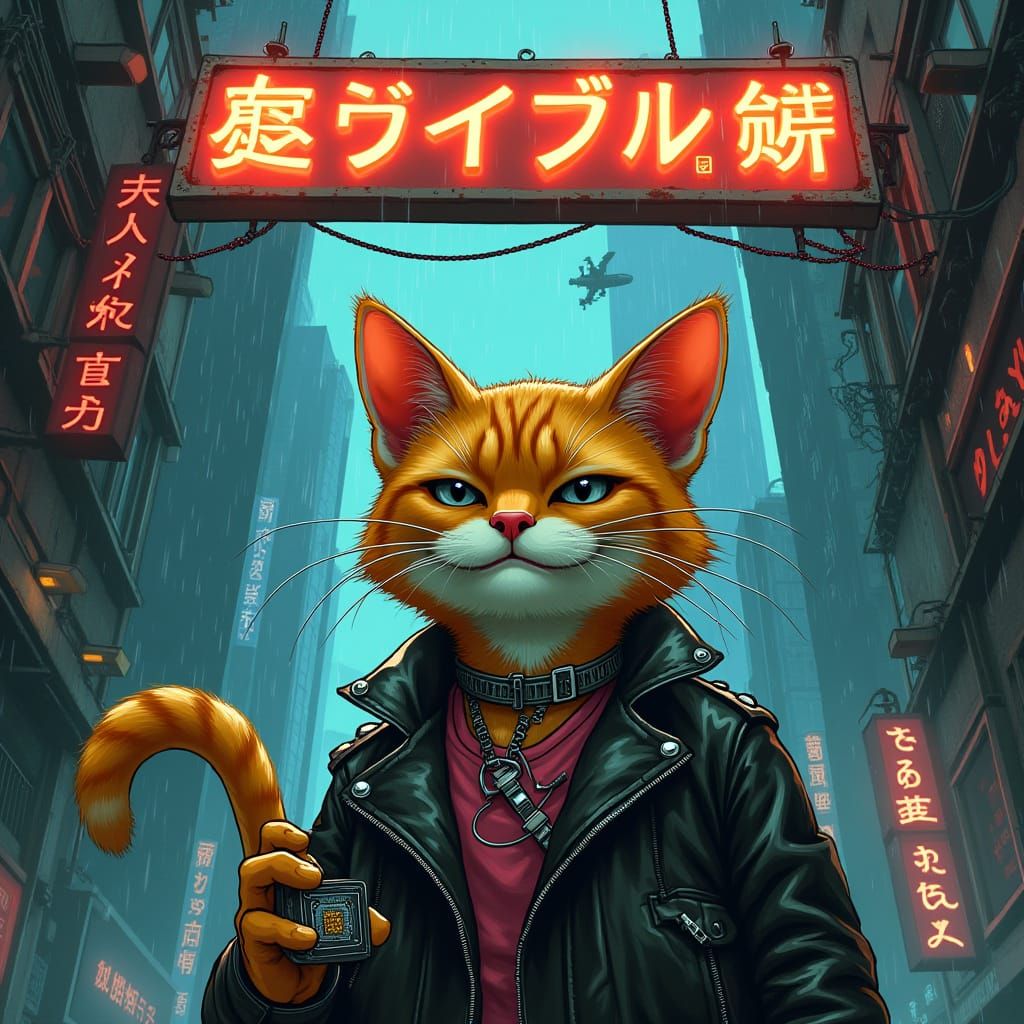Cyberpunk Cat in Neon Alleyway