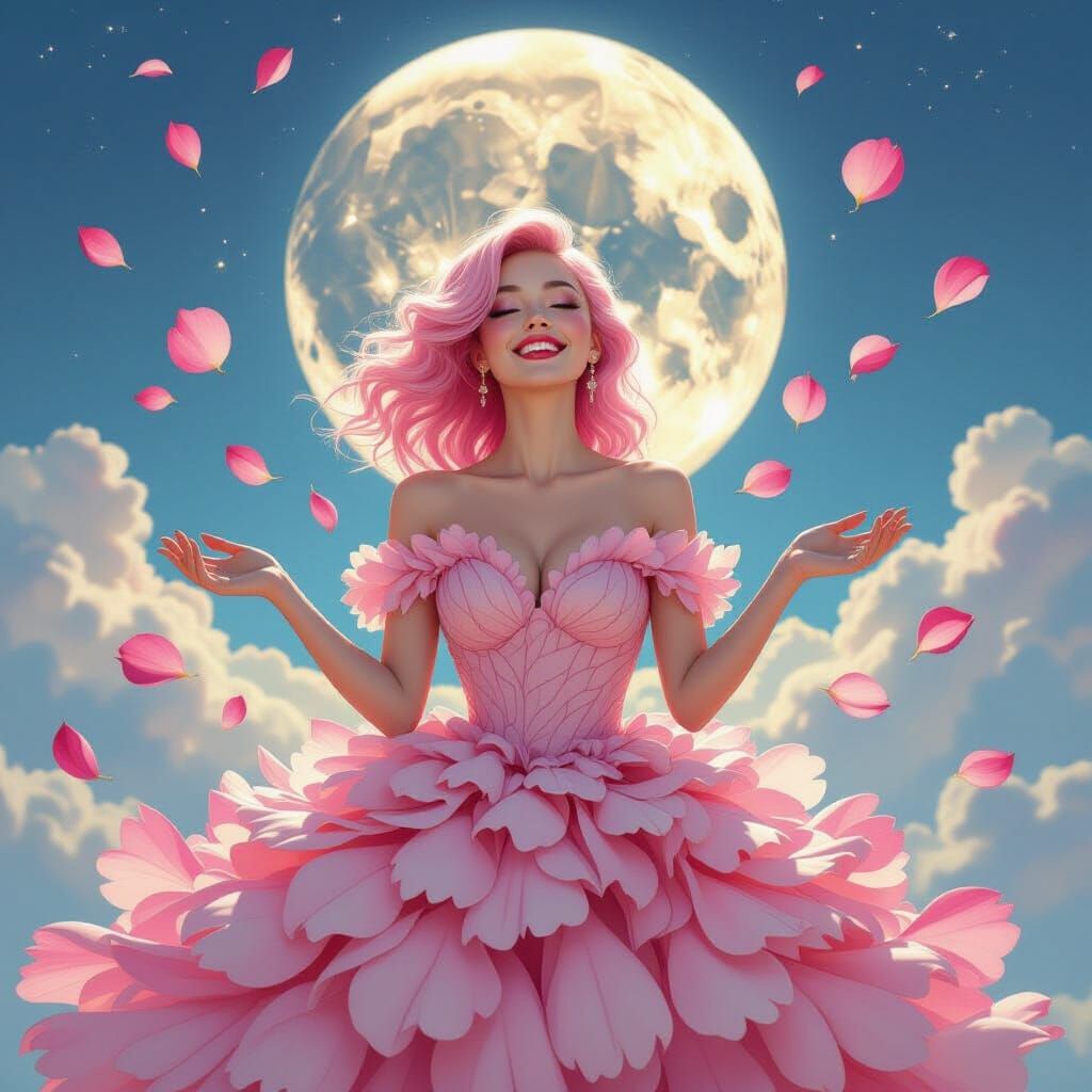 Surreal Peony Petal Woman in Moonlight, Dali Style