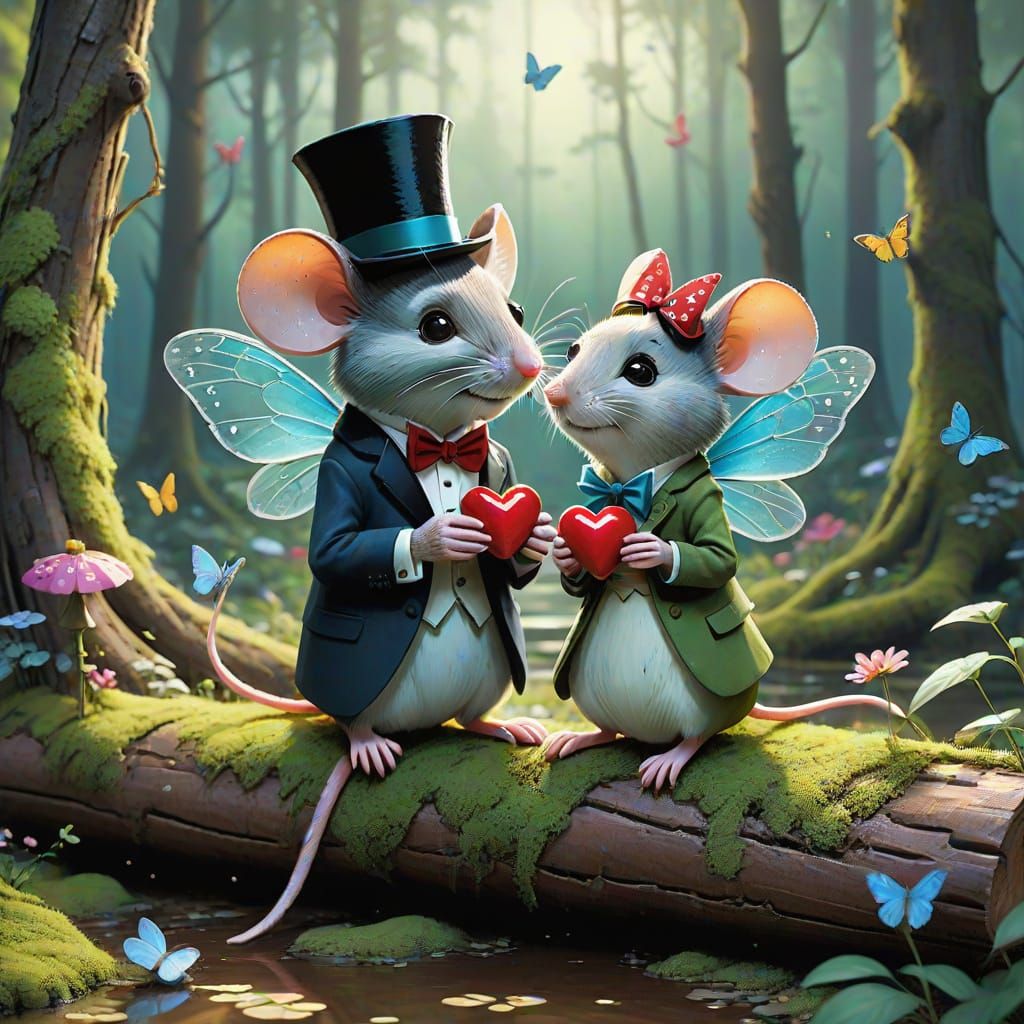 Romantic Mouse Couple in Whimsical Forest Scene