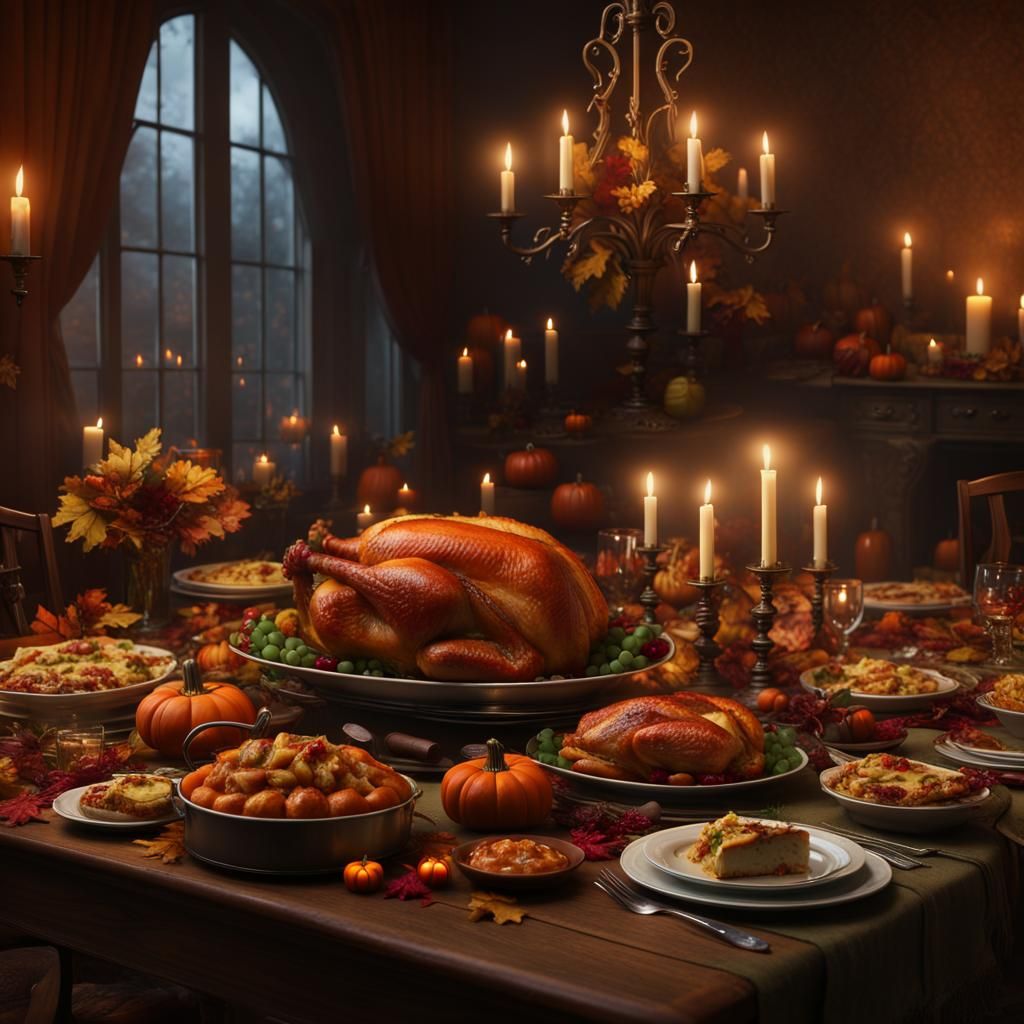 Thanksgiving Table Feast in Detailed Matte Painting Style