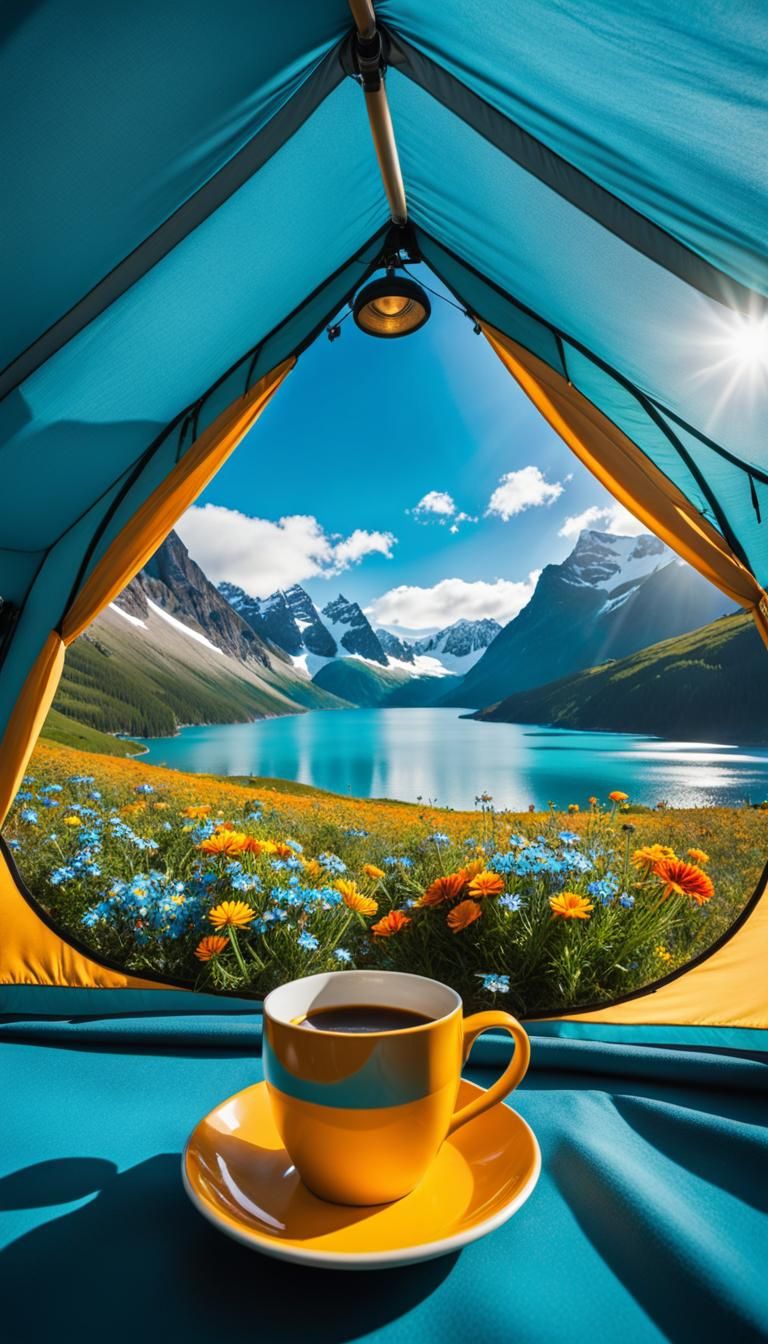 Scenic Campsite Overlooking Colorful Meadow and Turquoise Fj...