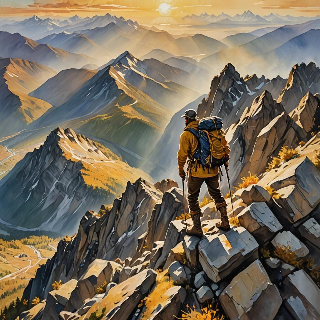Mountaineer Conquers Peak: Gouache Impressionist Masterpiece