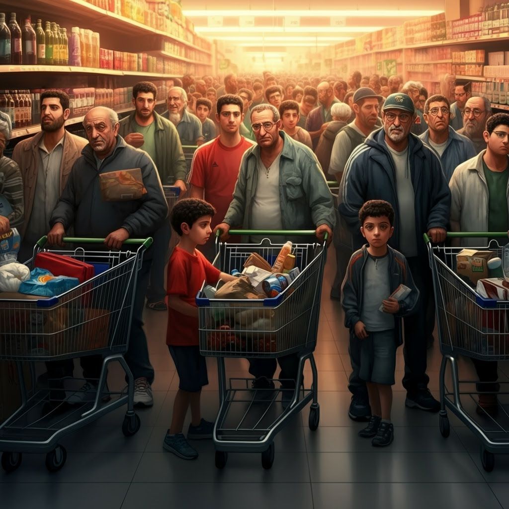 Realistic Digital Painting of Crowded Supermarket Queue