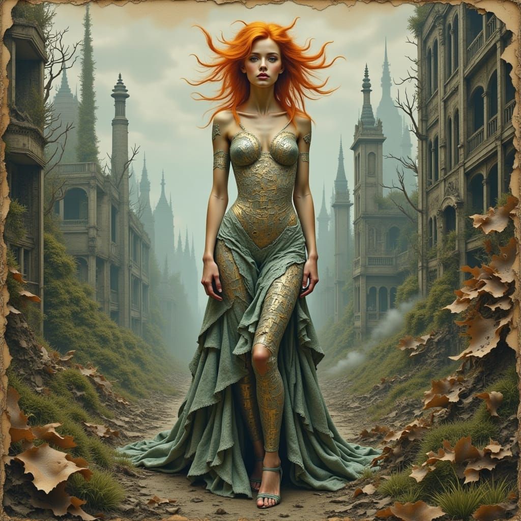 Woman in Silver Gown Amid Post-Apocalyptic Cityscape