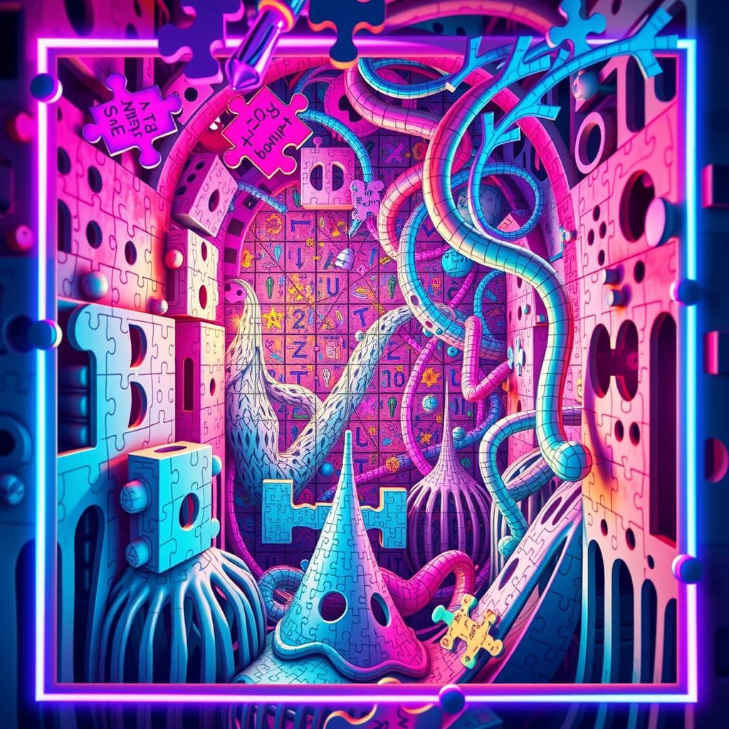 Psychedelic Puzzle Art in Neon Rainbow Colors