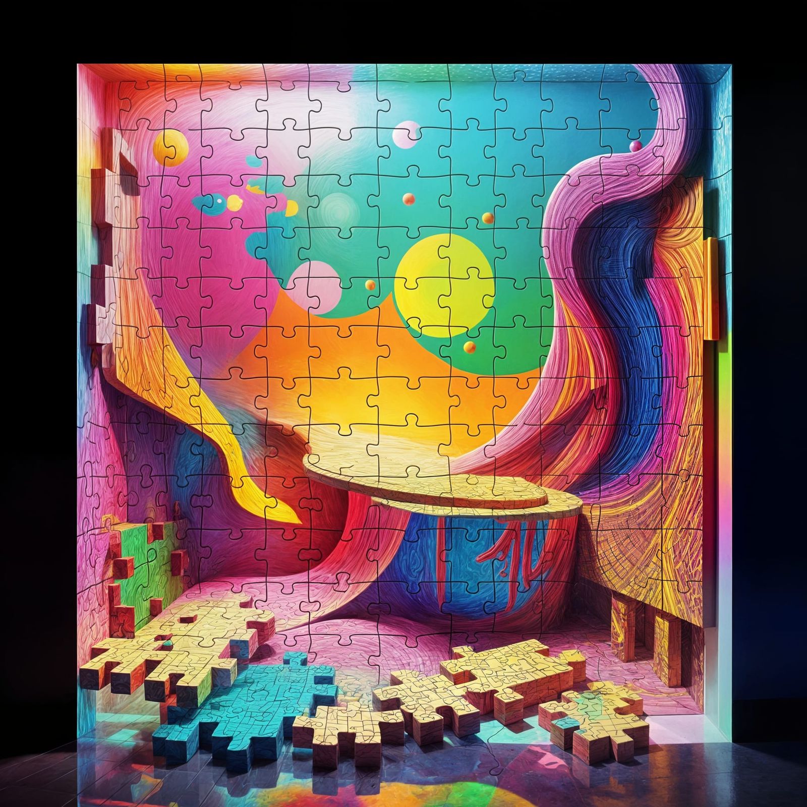 Psychedelic Puzzlescape in Neon Rainbow Colors