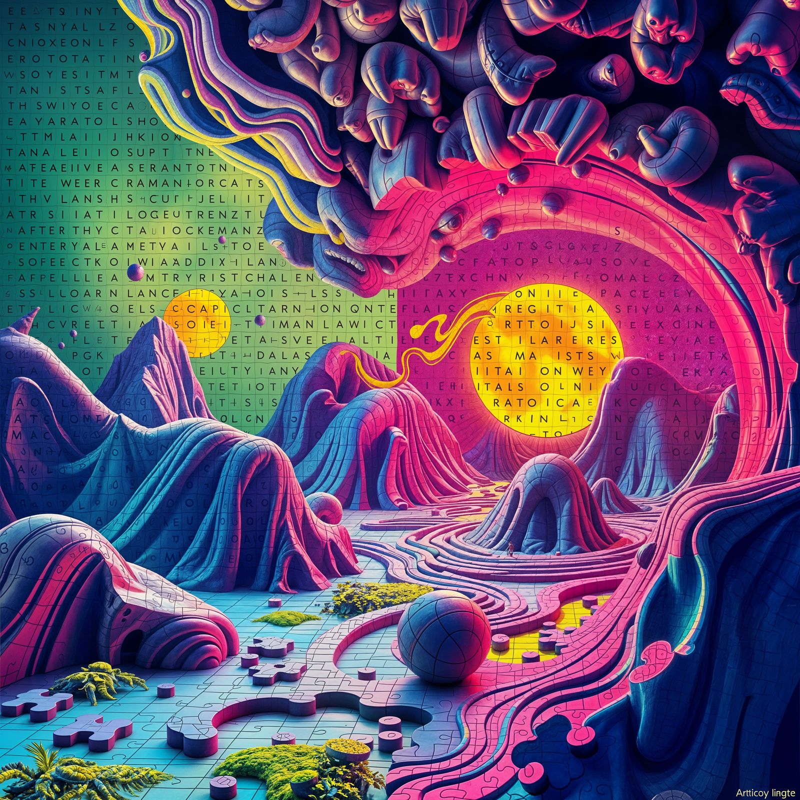 Surrealist Puzzle Landscape in Neon Hues and 3D Relief