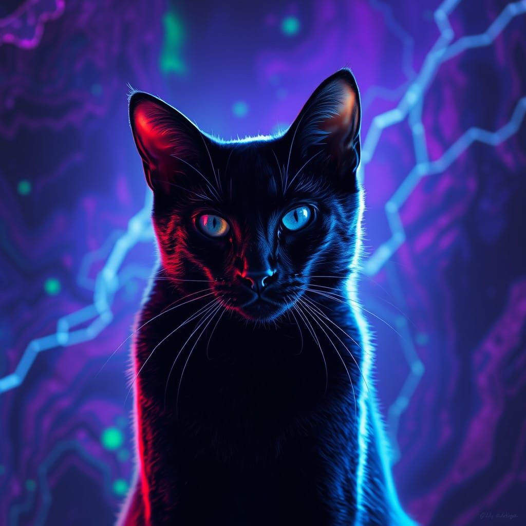 Electric Dreams: A Black Cat Radiant in Ethereal Light