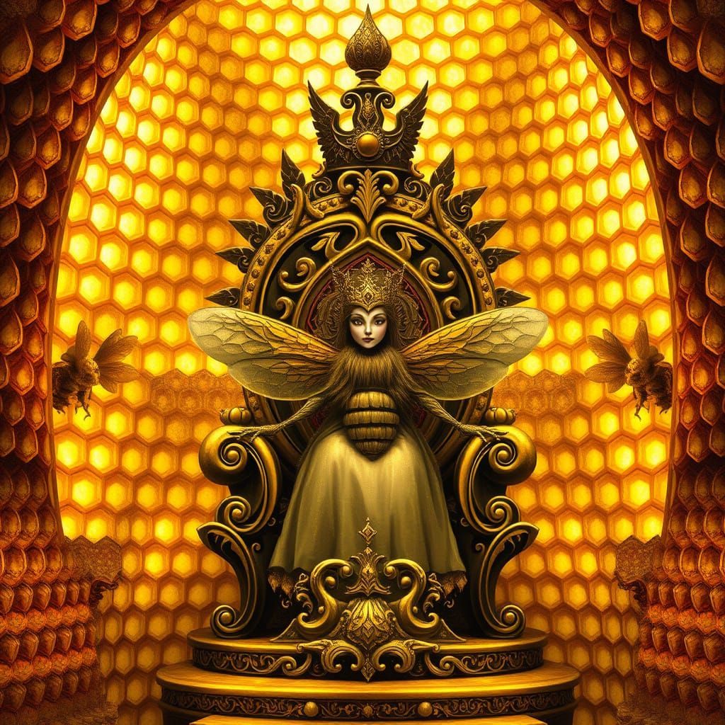 Regal Queen Bee on Golden Throne within Honeycomb Hive Palac...