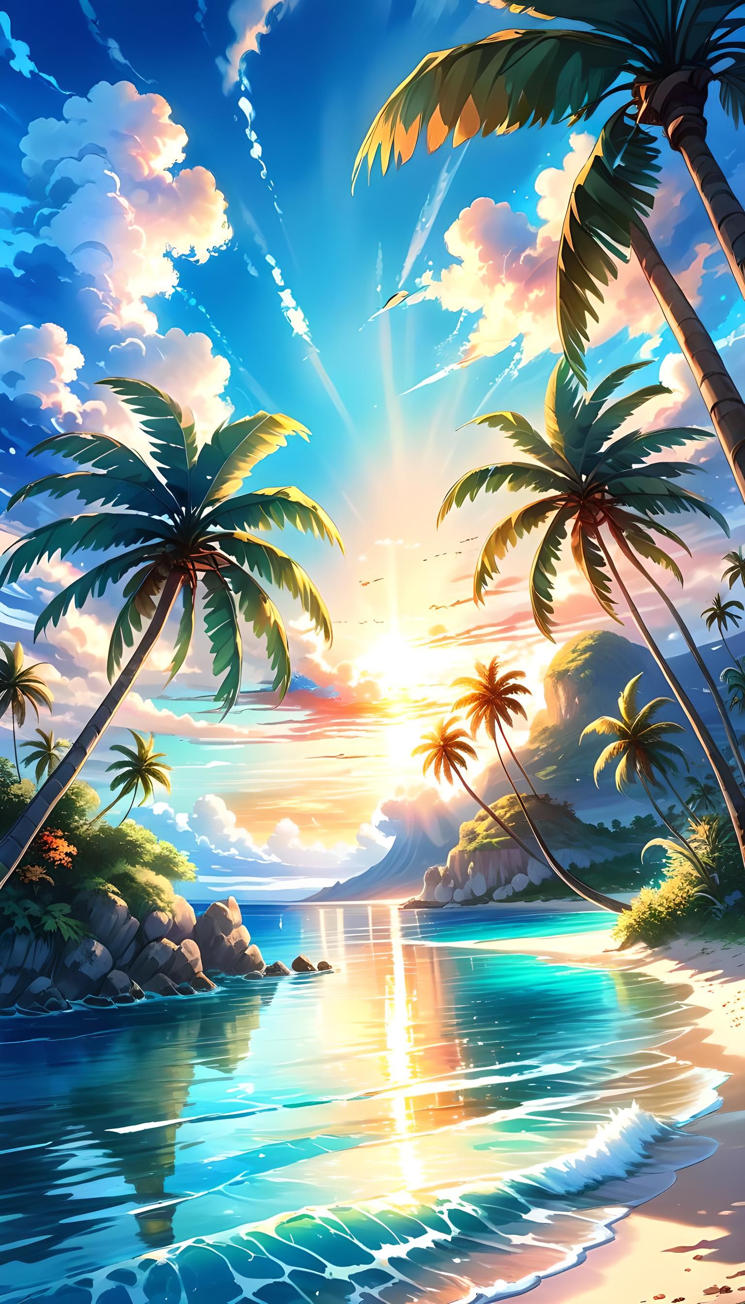 Tropical Paradise Sunset in Anime Art Style