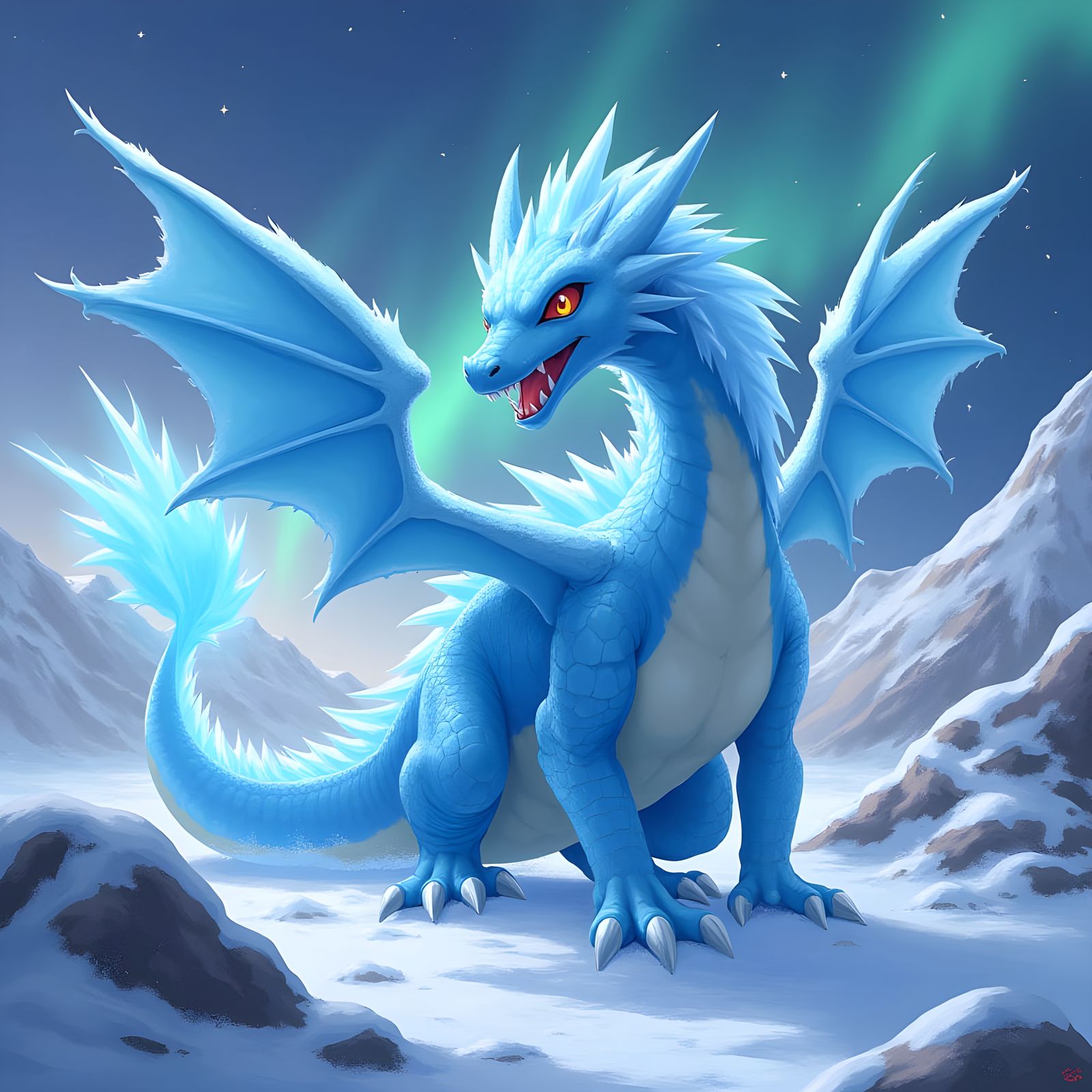 Ethereal Dragon of Frosty Flames Amidst Snowy Peaks