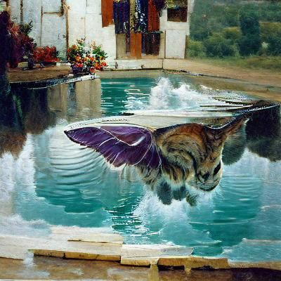 Cat Flying Over Pool in Oil Painting Style