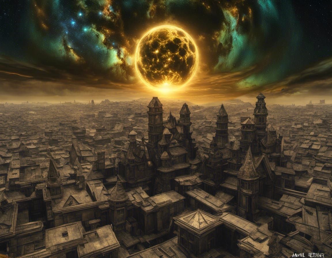 Geometric Buildings in Cosmic Fantasy: Digital Art