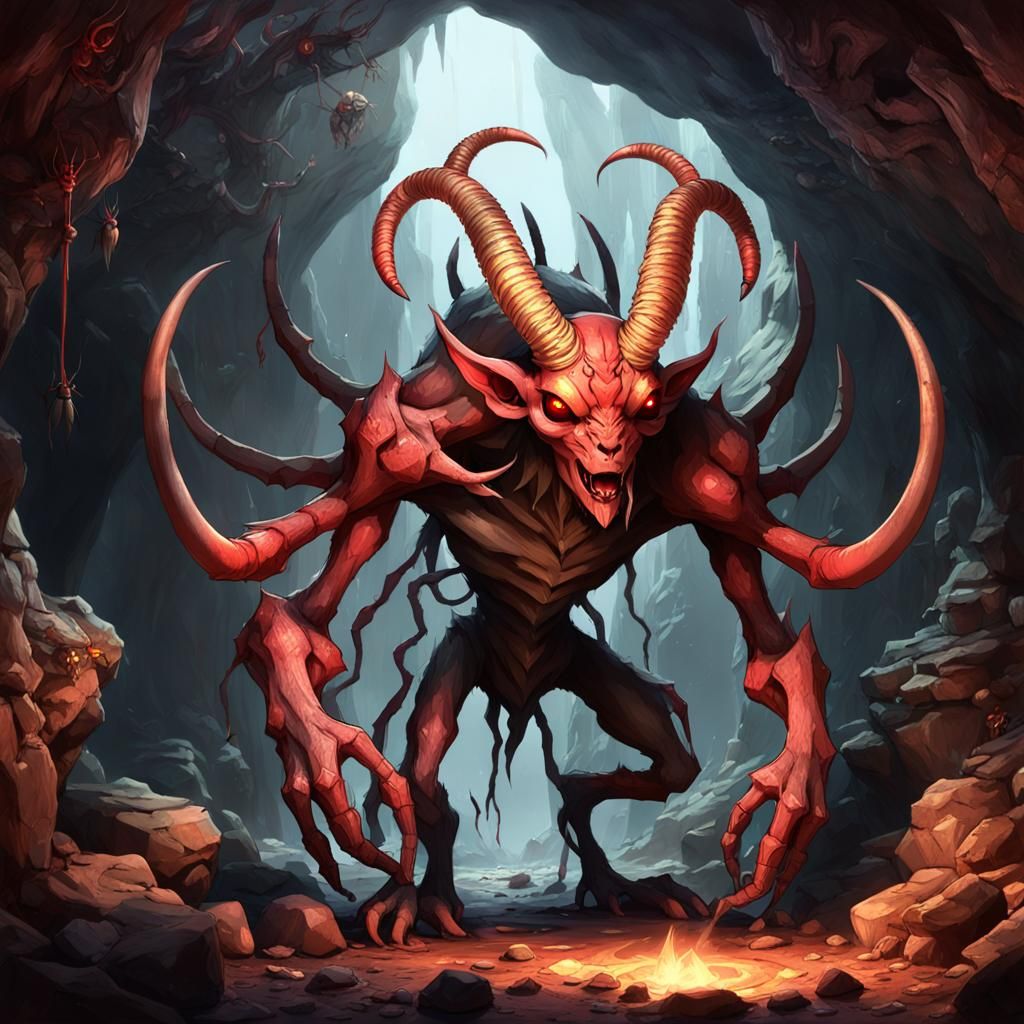 Emaciated Red Imp in Cave: 3D Anime Art