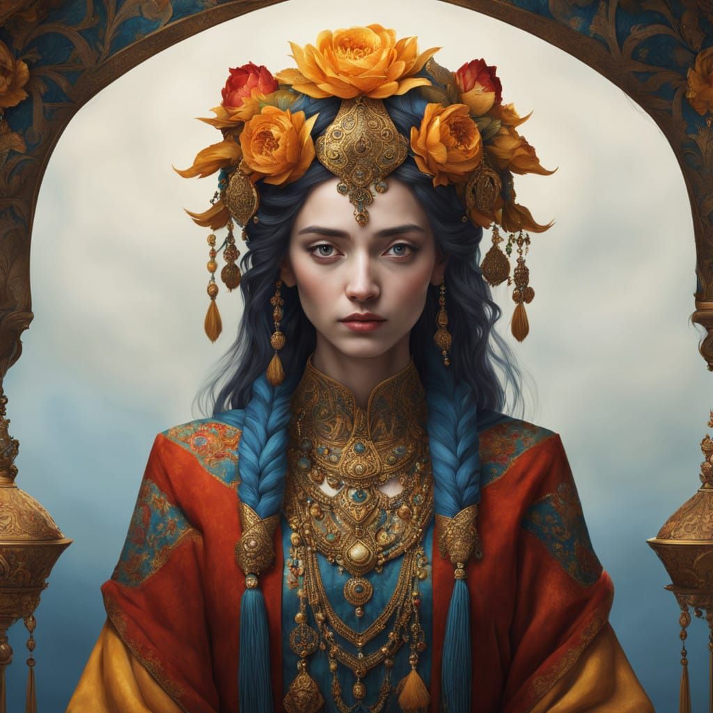 Elegant Young Woman in Golden, Ornate Attire Contemplates in...