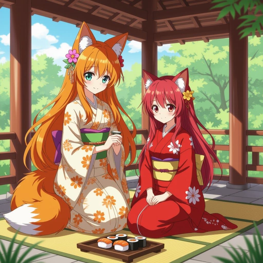 Anime Fox Girl and Friend Enjoying Sushi in Pagoda