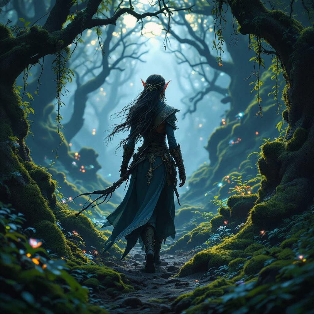 Elf Druid Stalks Ancient Forest at Dusk in Fantasy Style