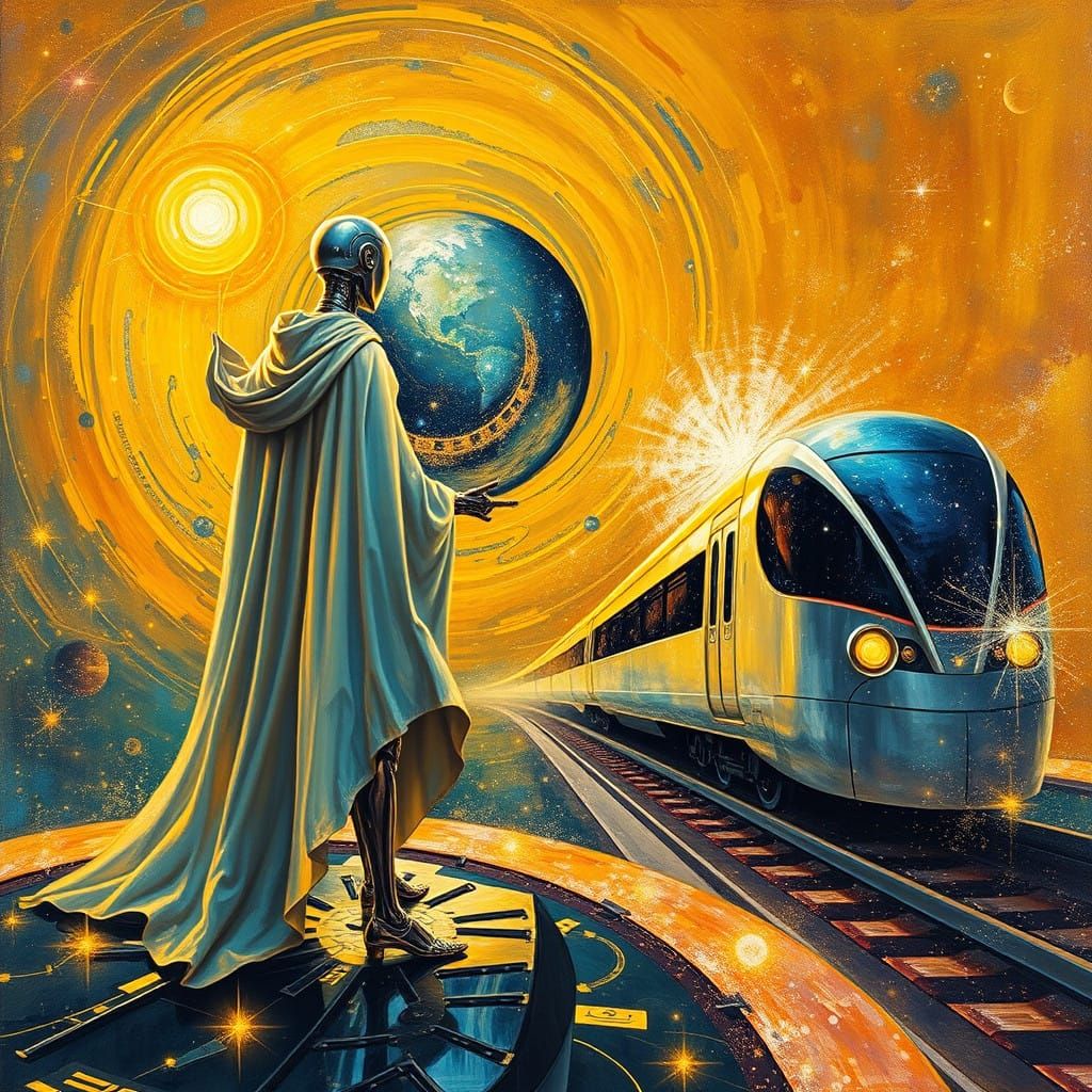 Neo-Impressionist Space Train Journey Through Galaxy