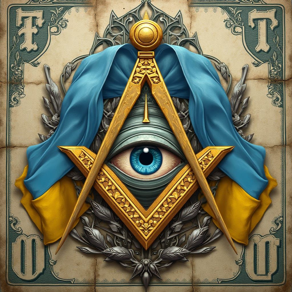Symbolic Masonic Triangle with Ukrainian Motifs in a Surreal...