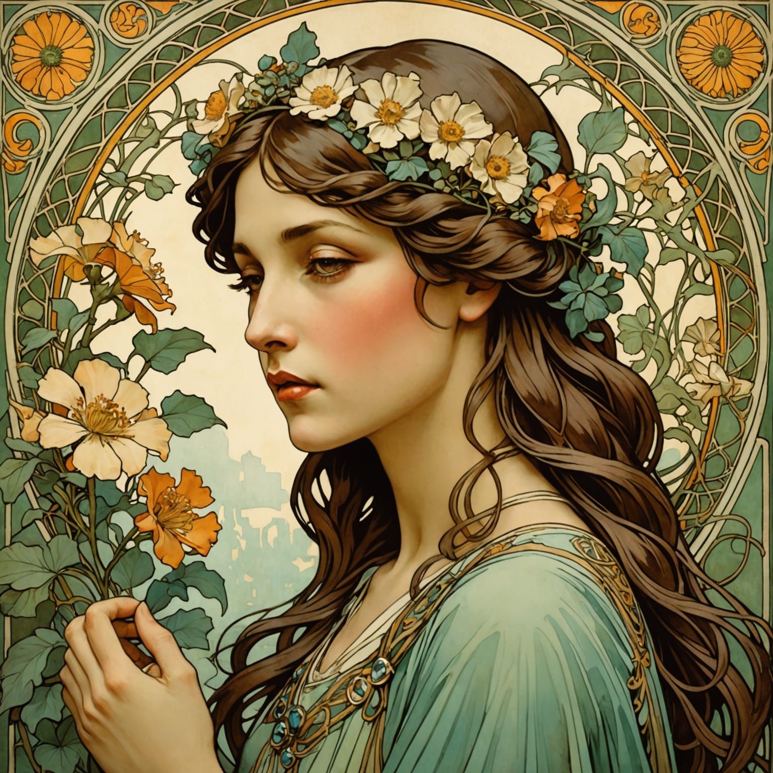 Art Nouveau Woman Smelling Flowers Illustration