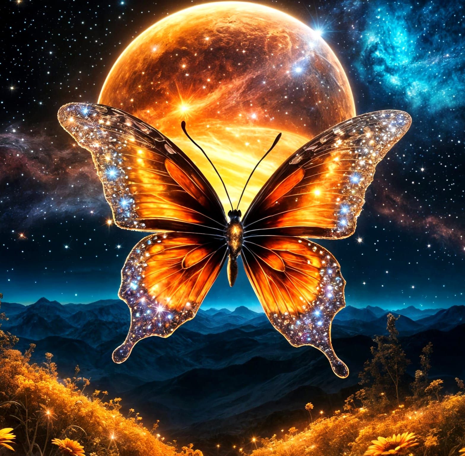 Glowing Crystal Butterfly in Starry Night Sky