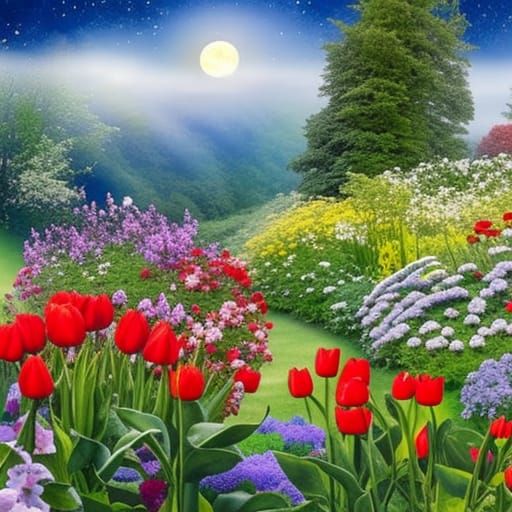 Foggy Garden with Colorful Flowers in Watercolor