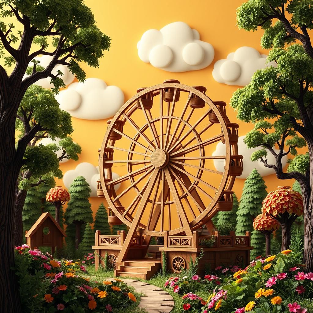 Magical Wooden Ferris Wheel in Solarpunk Forest