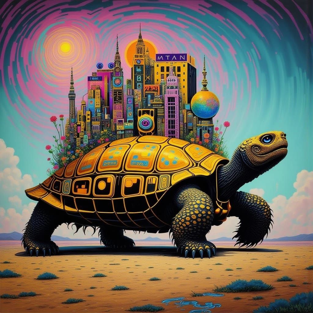 Giant Tortoise Carries City in Surrealist Oil Painting
