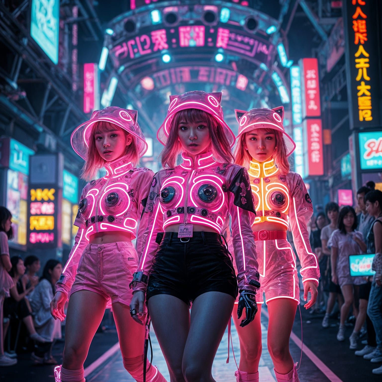 neon pink futuristic Japan with 3 realistic harajuku girls w...
