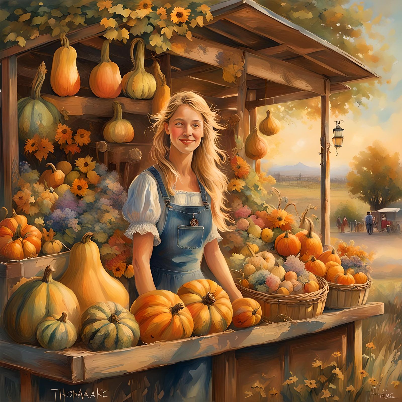 Retro Rural Scene: Blond Lady at Gourd Stand