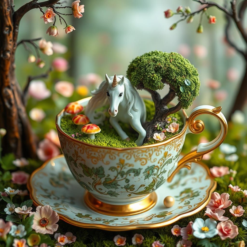 Minatare fantasy forest with a unicorn inside a stunning tea cup
