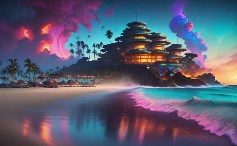Tropical Cyberpunk Beach Resort on Volcanic Island