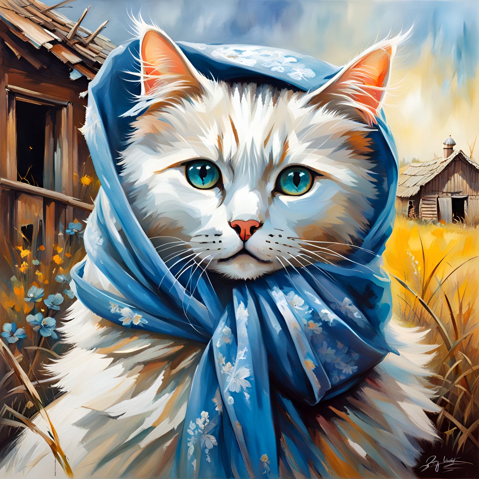 Babushka Cat in Ruined Village, Dark Fantasy Art