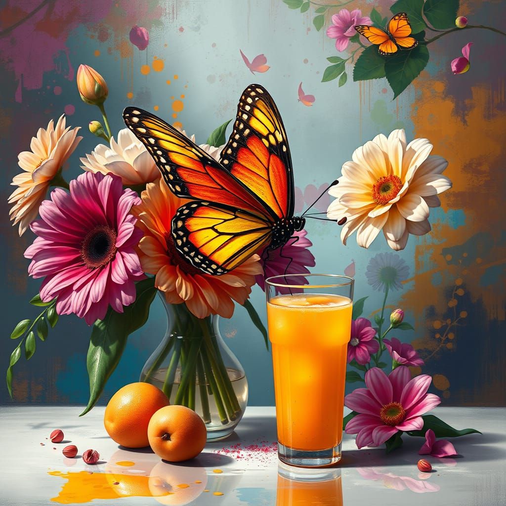 Butterfly Among Flowers in Hyperrealistic Splash Art
