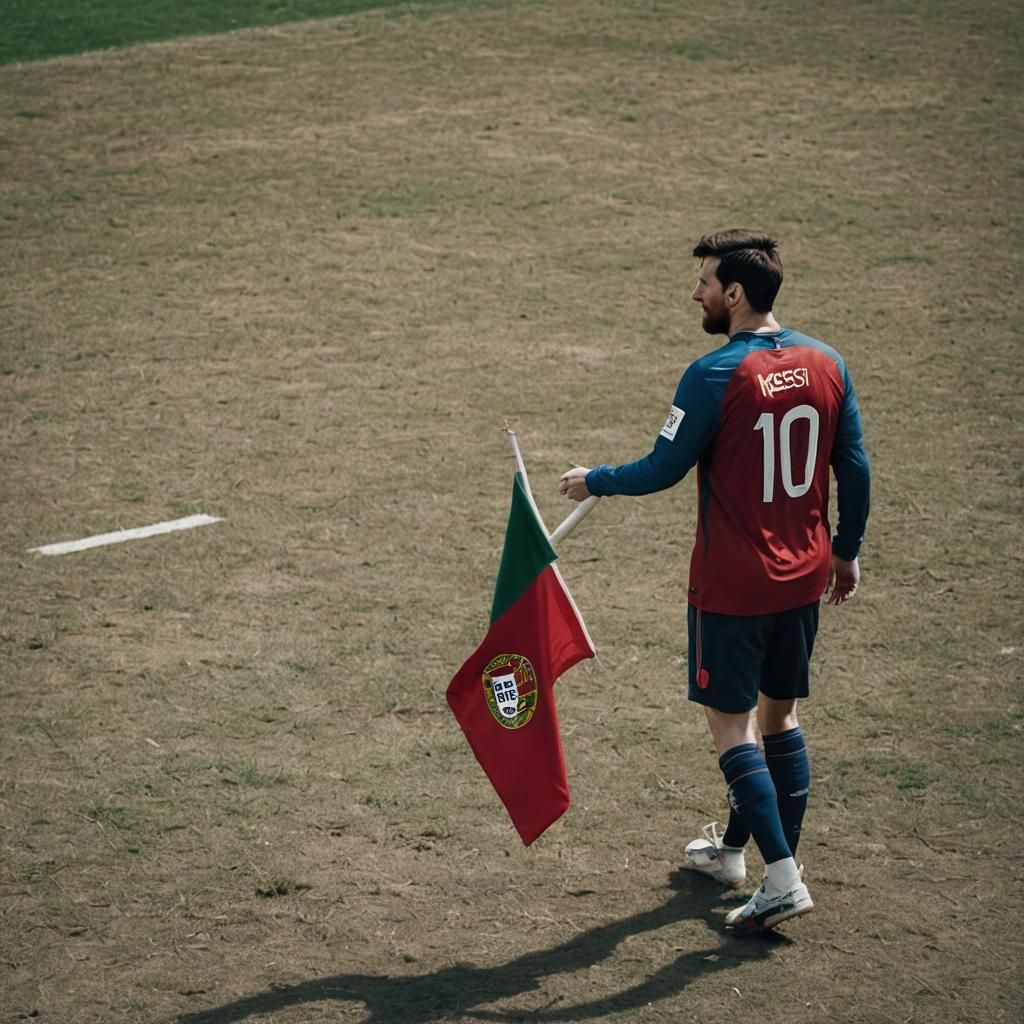 Messi with Portugal Flag: Cinematic Film Still