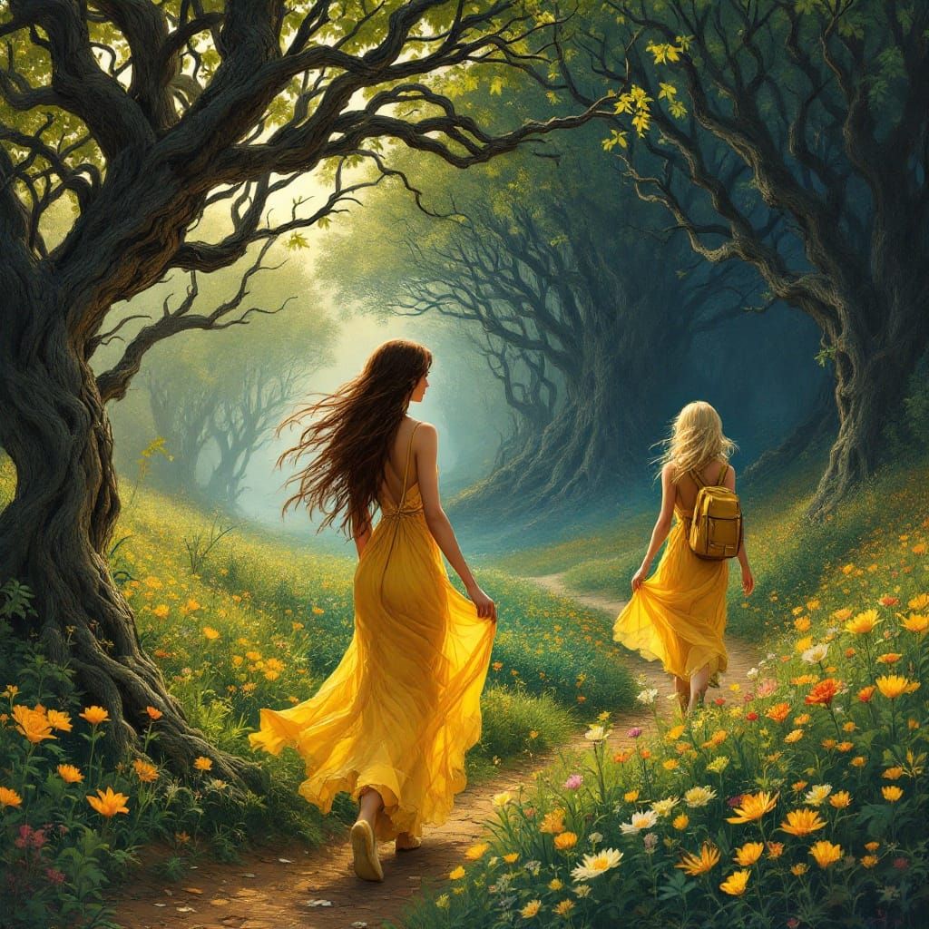 Elegant Women Stroll Through Whimsical Landscapes in Art Nou...